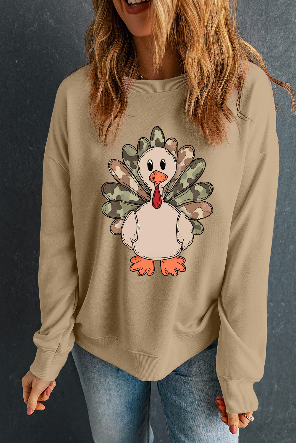 Khaki Camouflage Turkey Heat Transfer Printing Graphic Sweatshirt