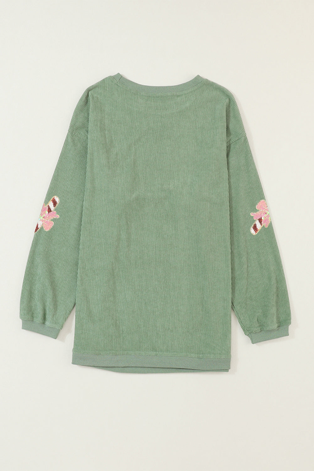Grass Green Christmas Candy Cane Sequins Patch Corded Ribbed Baggy Sweatshirt