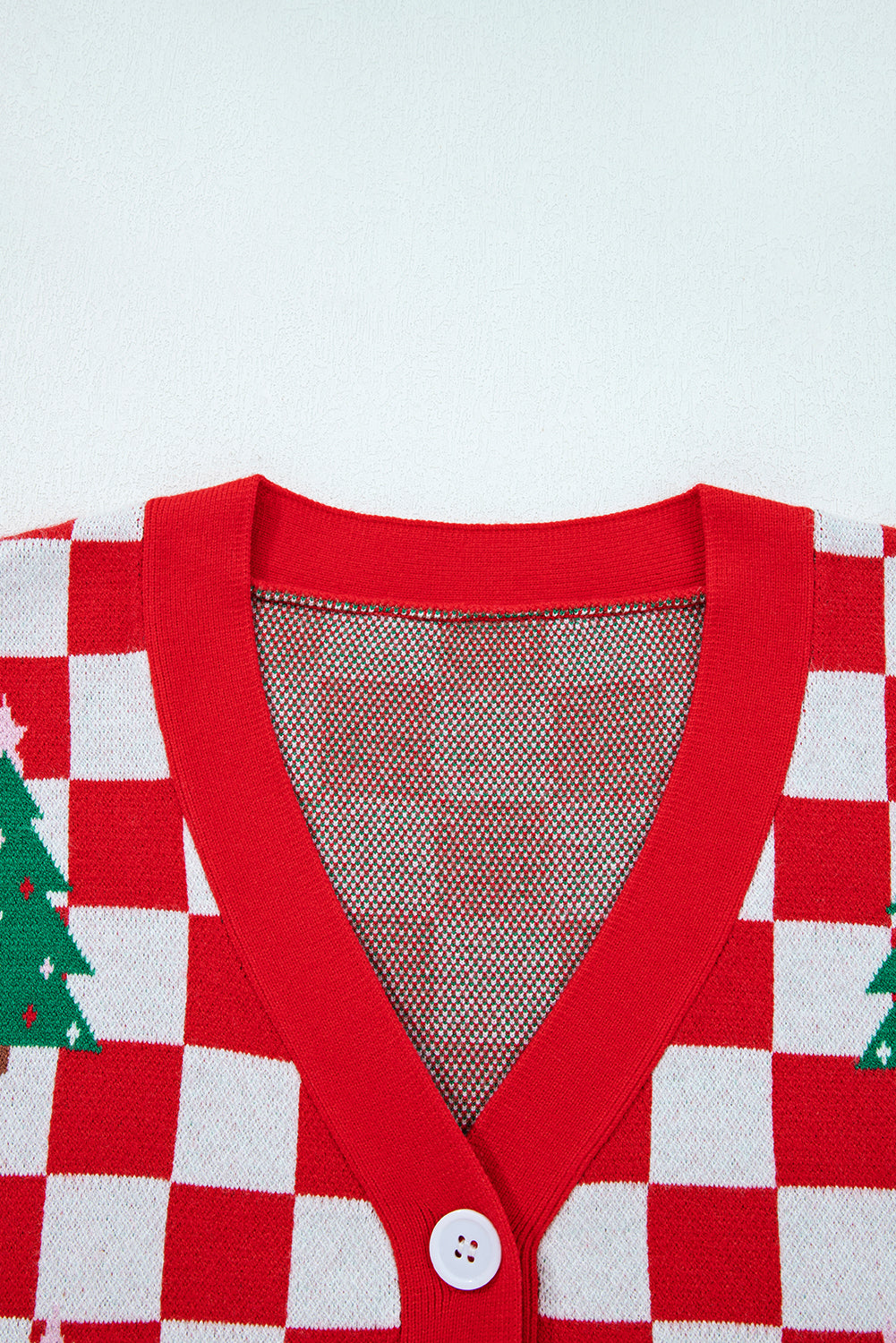 Pink Checkered Christmas Tree Pattern Button V Neck Knit Cardigan