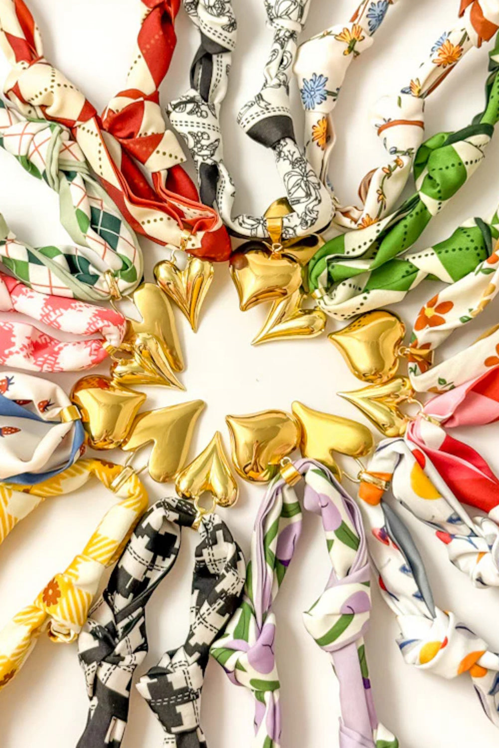 White Boho Floral Print Heart Pendant Scarf Necklace