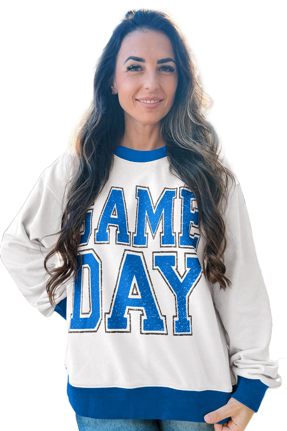 White GAME DAY Letter Contrast Trim Baggy Sweatshirt