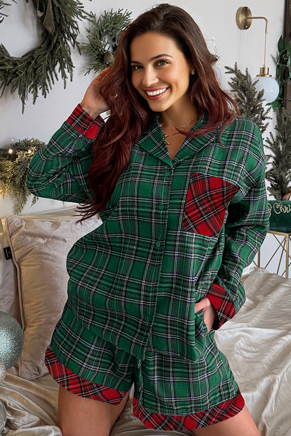 Red Plaid Contrast Color Christmas Holiday Long Sleeve Shirt and Shorts Pajama Set