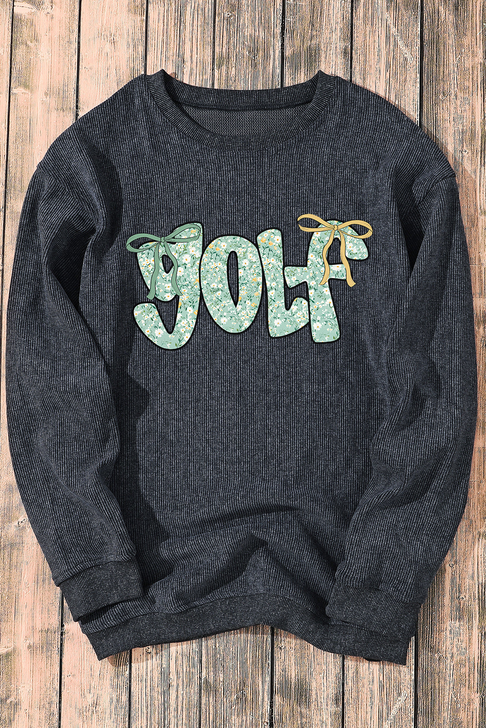 Gray Twisted Ribbed Floral GOLF Letter Bow Heat Transfer Printing Sweatshirt