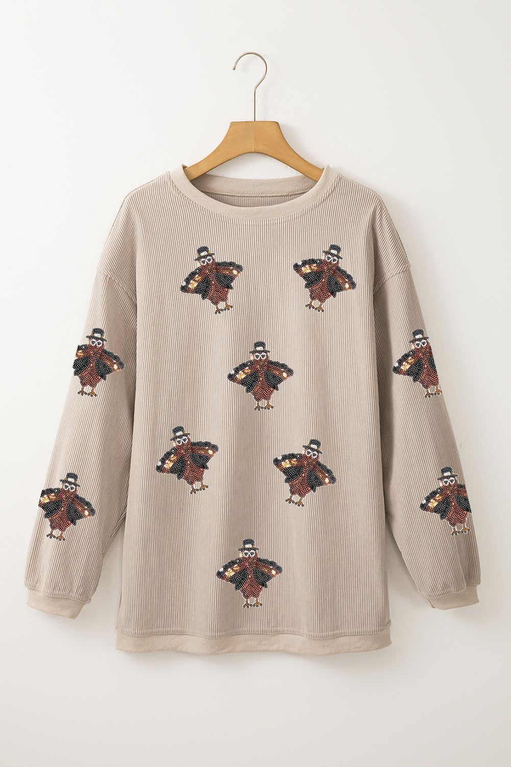 Smoke Gray Twisted Ribbed Turkey Graphic Sequins Patch Thanksgiving Baggy Sweatshirt