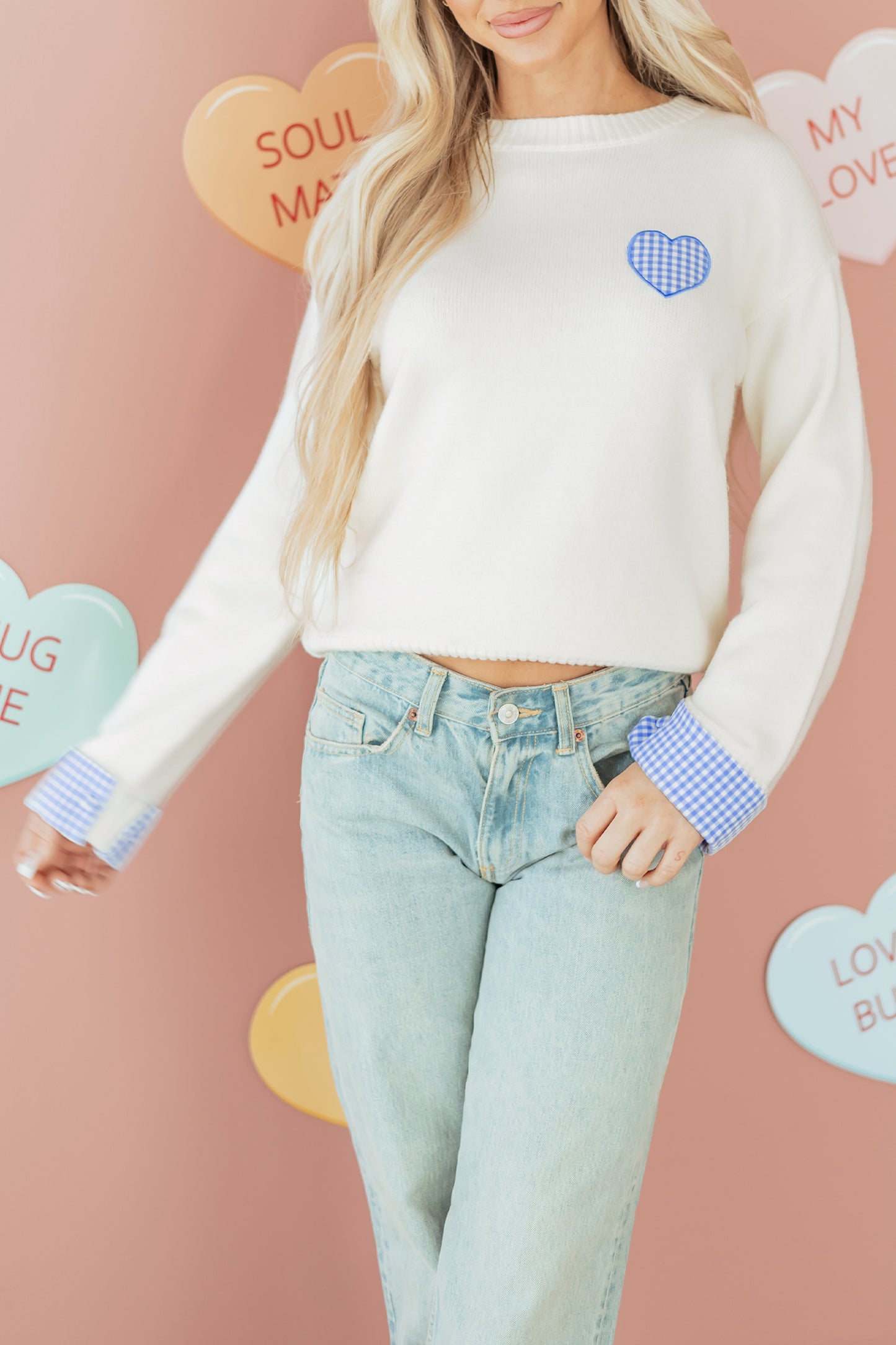 Light Pink Plaid Heart Embroidered Cuffed Drop Shoulder Crew Neck Sweater