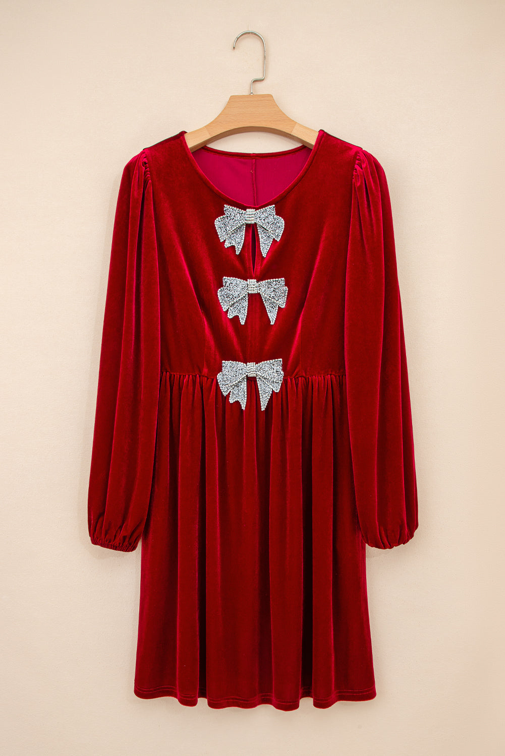 Fiery Red Bowknot Decor High Waist Velvet Mini Dress