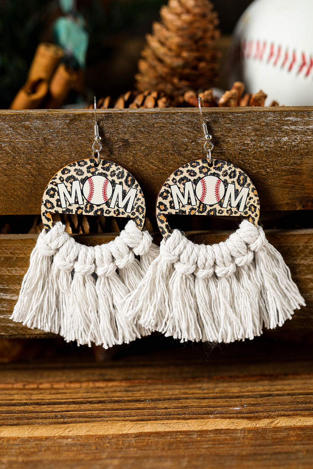 White Leopard Football MOM Print Fringed Hook Earrings