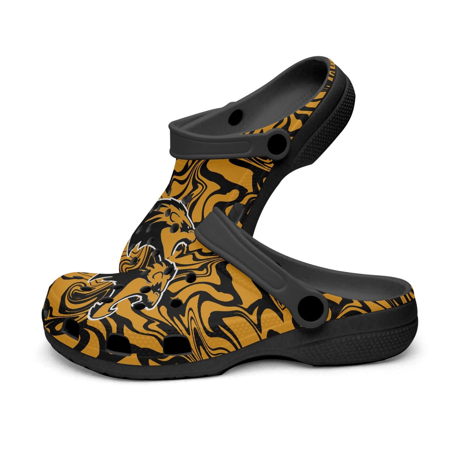 Psychedelic Orange and Black Lions "Crocs"