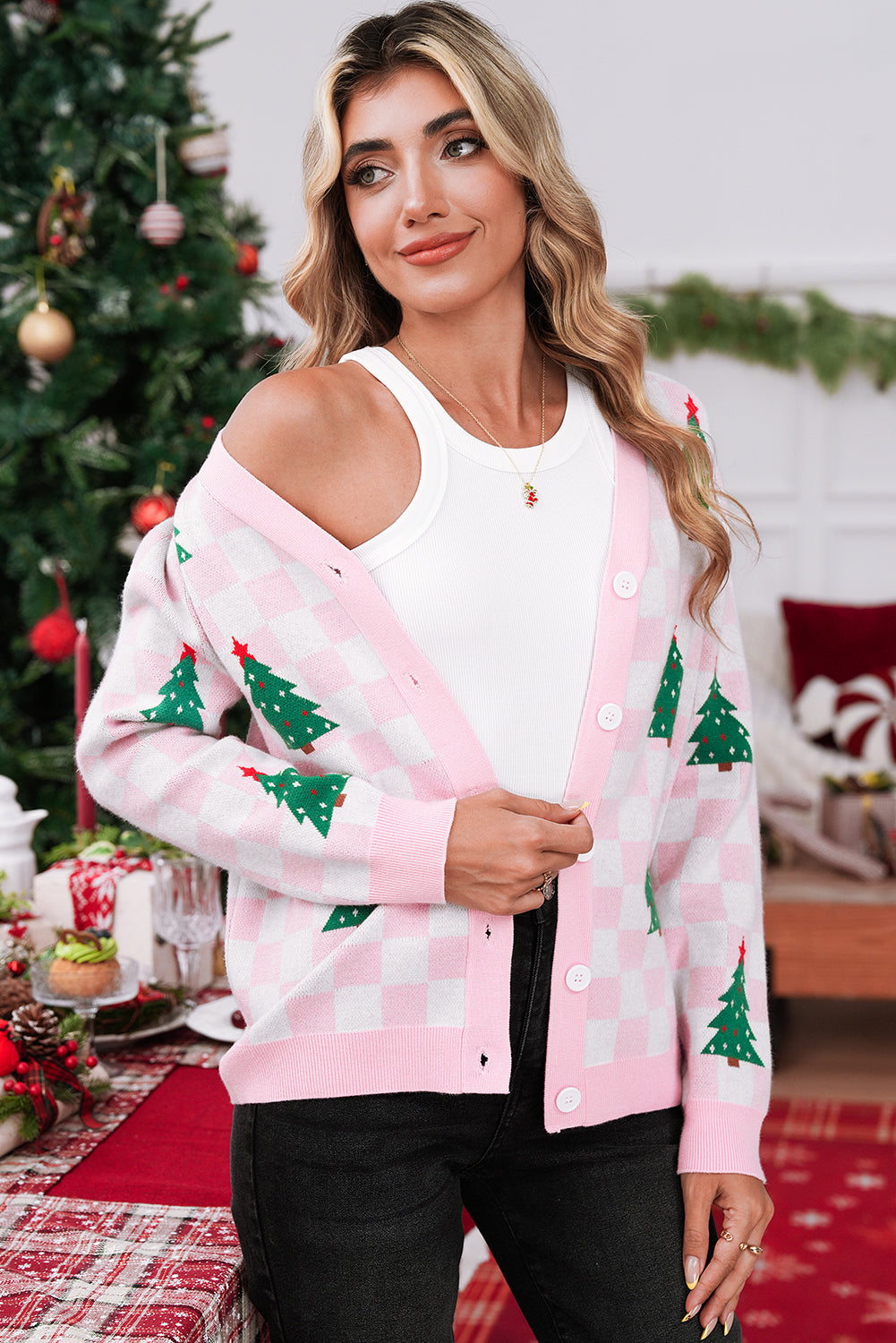 Pink Checkered Christmas Tree Pattern Button V Neck Knit Cardigan