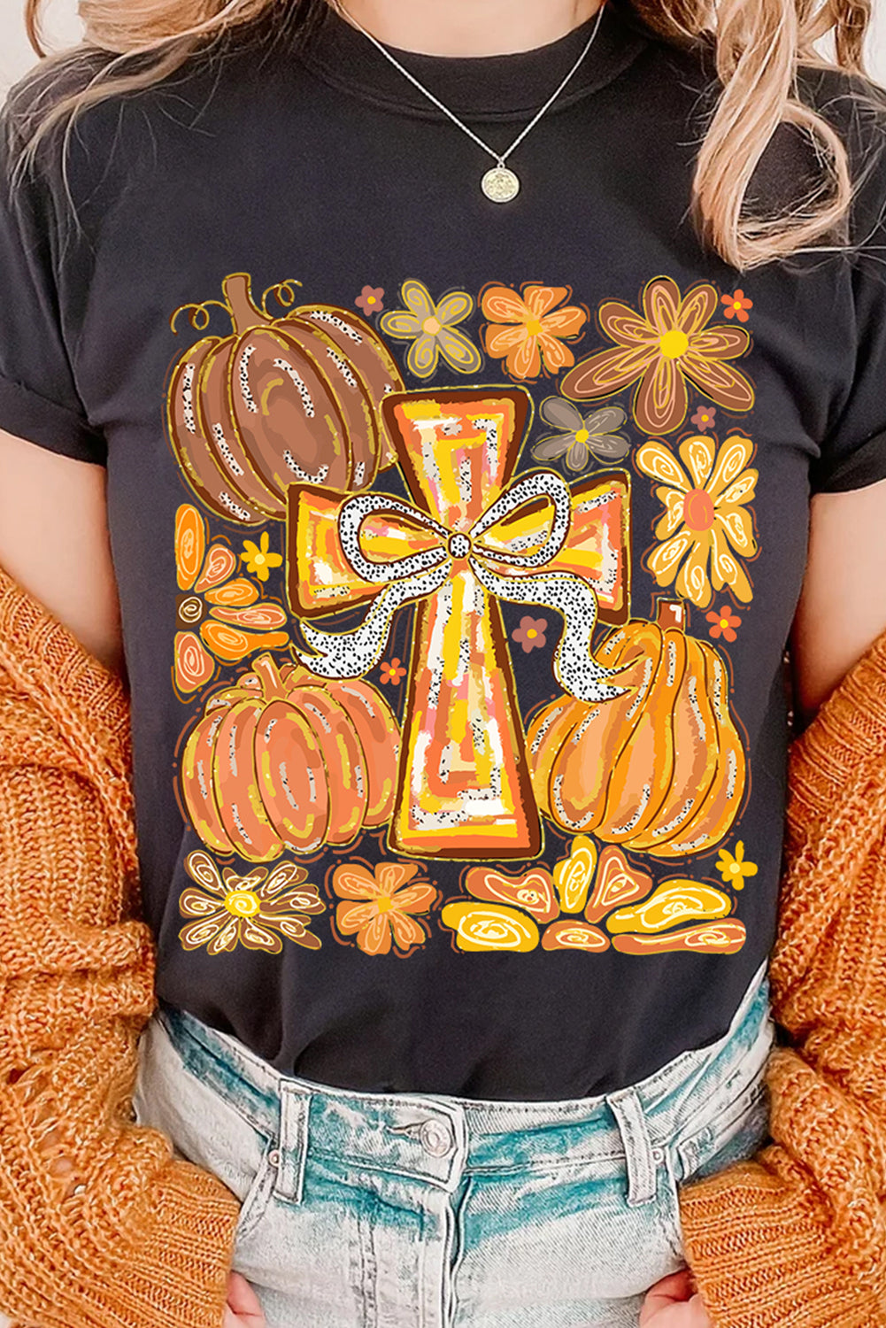 Black Thanksgiving Pray Cross Pumpkin Heat Transfer Printing Graphic Cotton Blend Tee