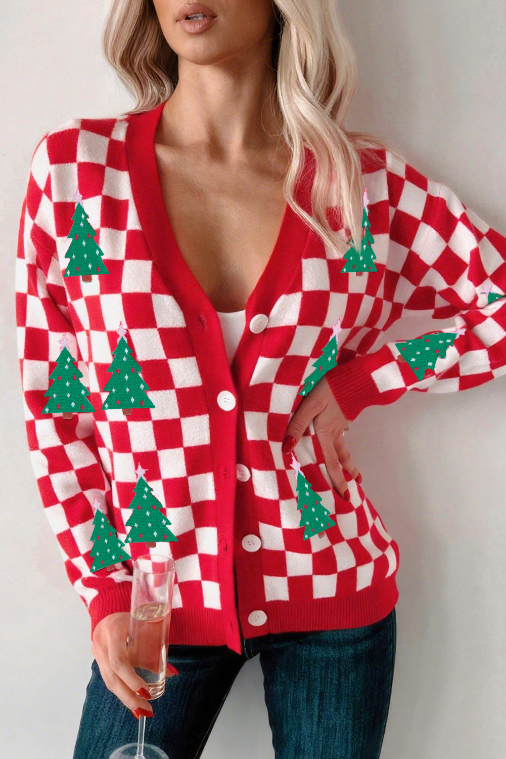 Pink Checkered Christmas Tree Pattern Button V Neck Knit Cardigan