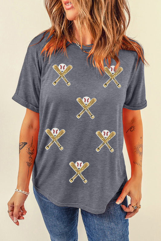 Gray Baseball Bat Sequins Patch Graphic Game Day Casual Tee