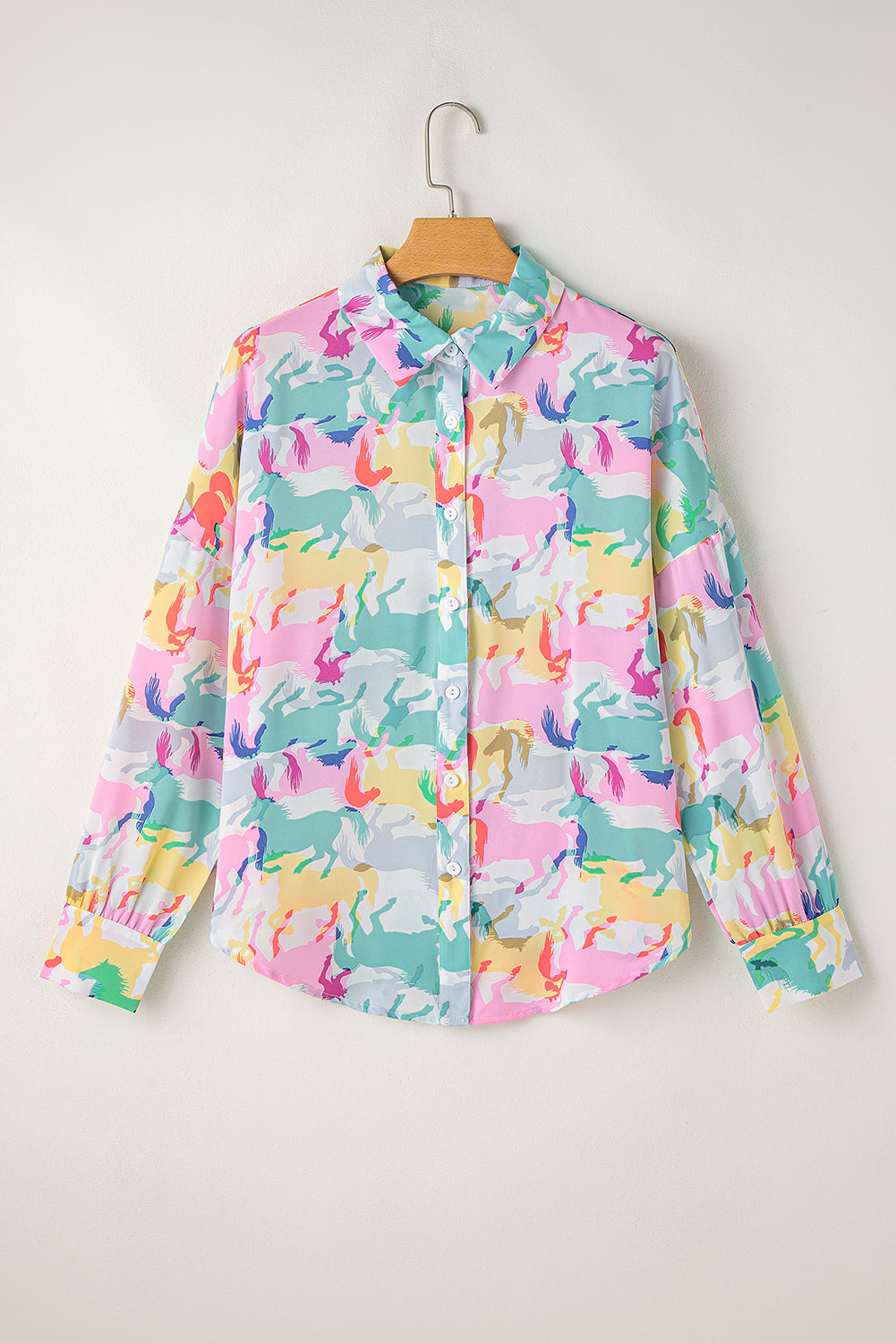 White Colorful Horse Print Long Sleeve Shirt