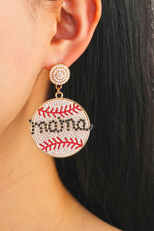 White Beaded Mama Baseball Shape Earrings