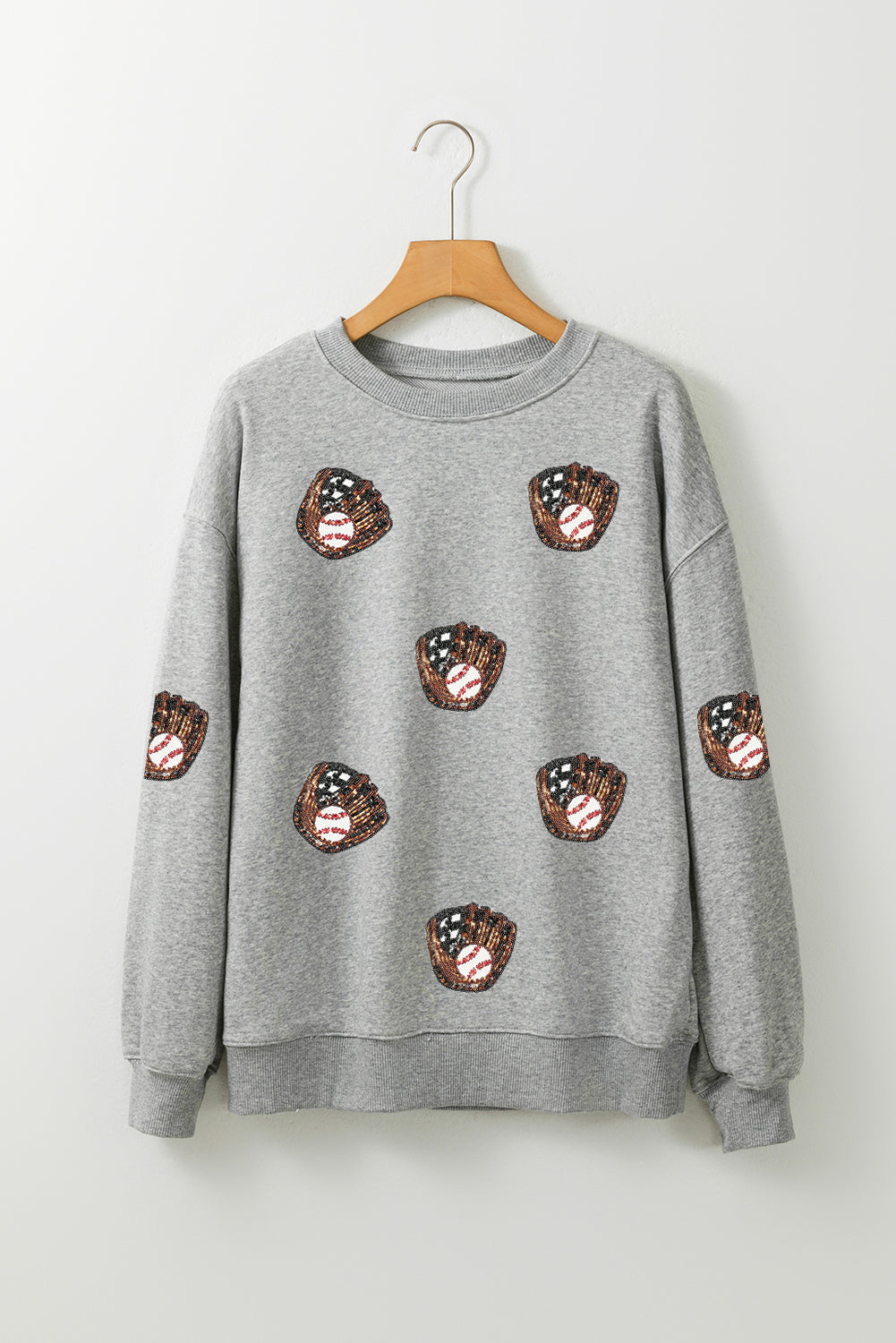 Gray Sequin Baseball Patched Casual Sweatshirt