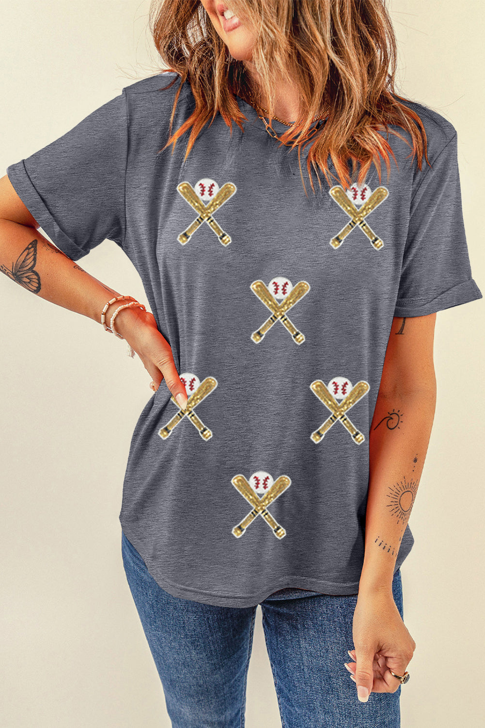 Gray Baseball Bat Sequins Patch Graphic Game Day Casual Tee
