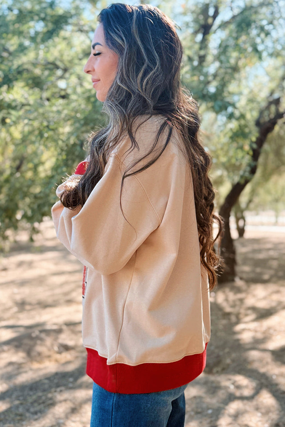 Red and White GAME DAY Letter Contrast Trim Baggy Sweatshirt