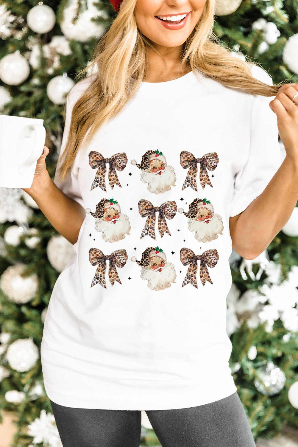 Black Santa Claus Leopard Bow Heat Transfer Printing Crew Neck Casual T Shirt