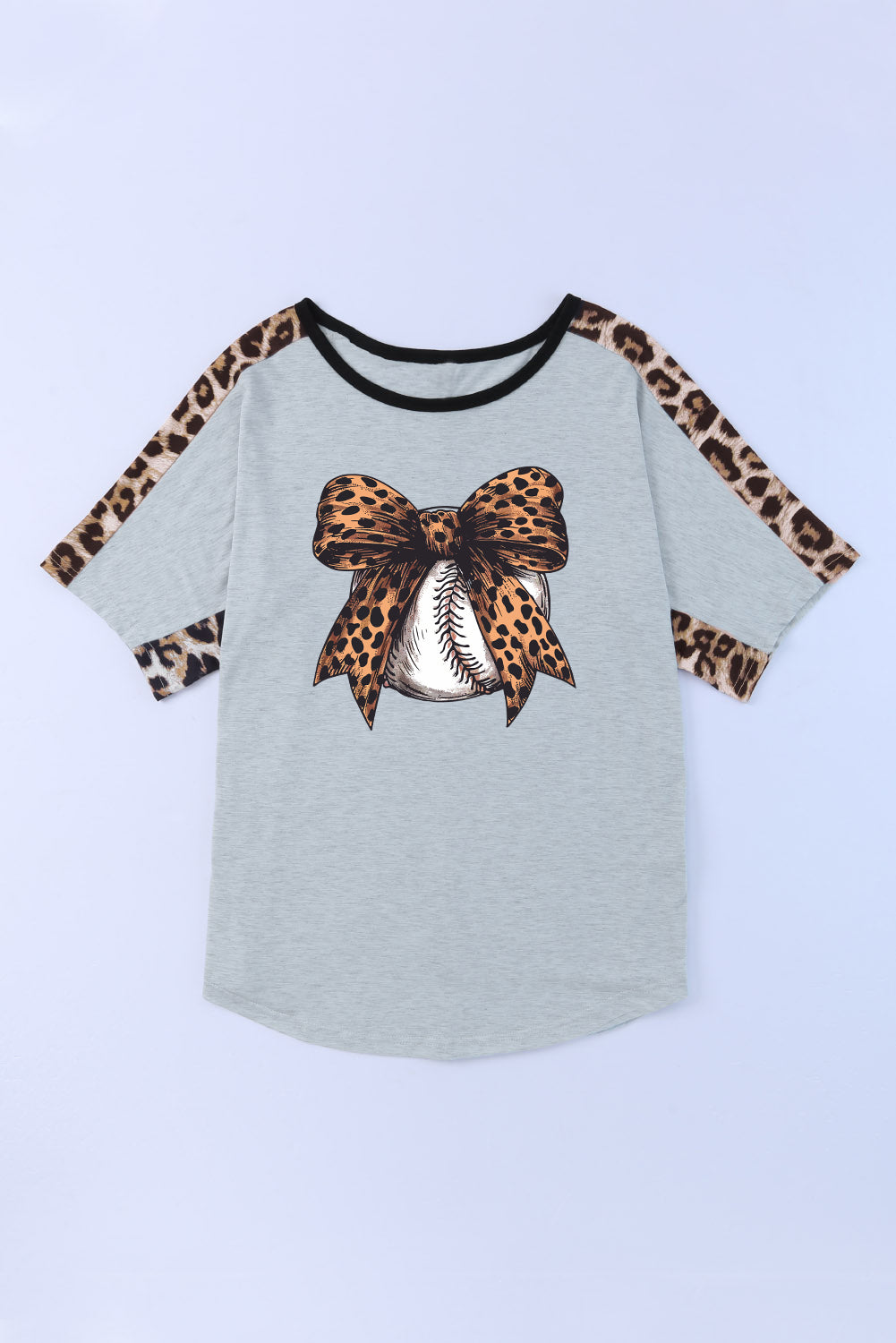 Gray Leopard Bowknot Baseball Graphic Contrast Crewneck Tee