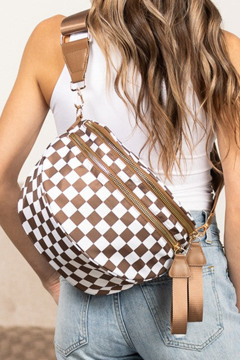 Fiery Red Checkered Print Wide Strap Large Crossbody Bag