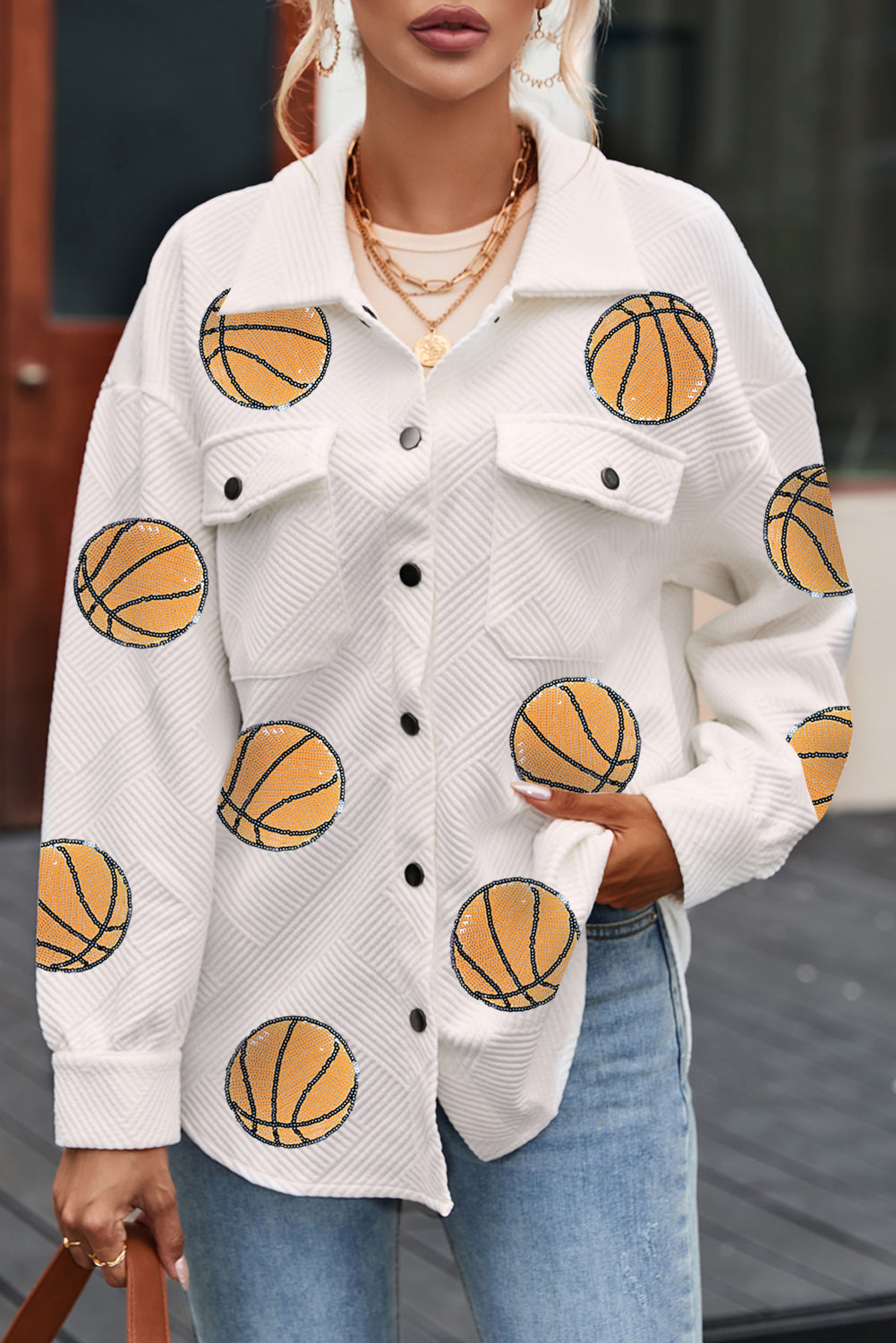 Beige Sequin Basketball Graphic Textured Snap Button Shacket