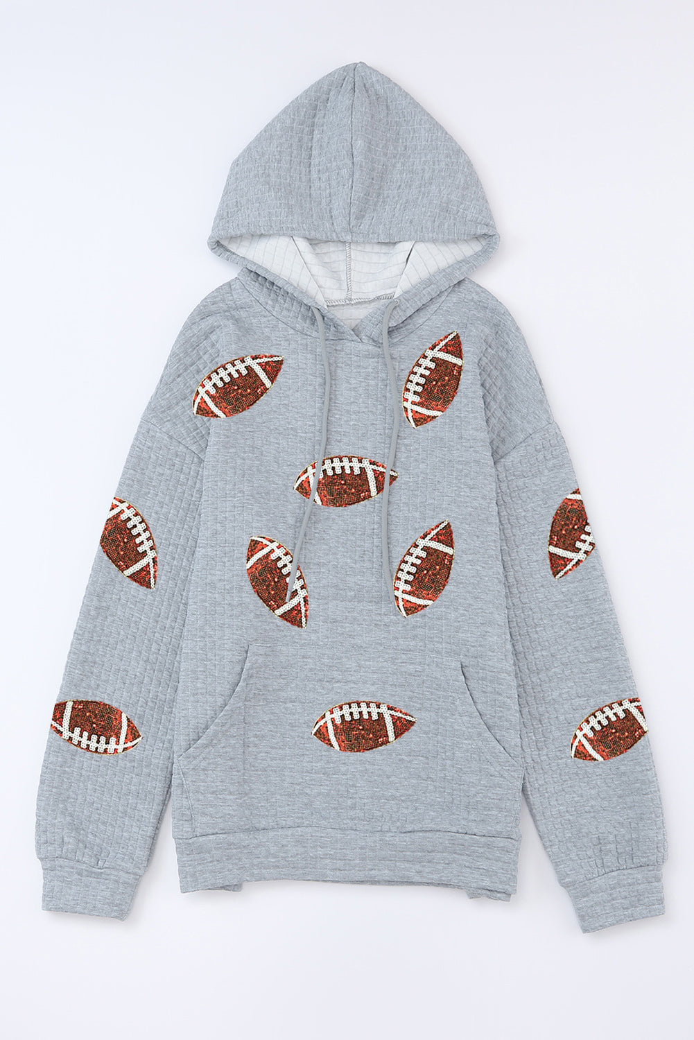 Waffle Knit Sequin Football Kangaroo Pocket Loose Hoodie