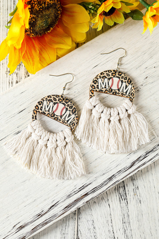 White Leopard Football MOM Print Fringed Hook Earrings