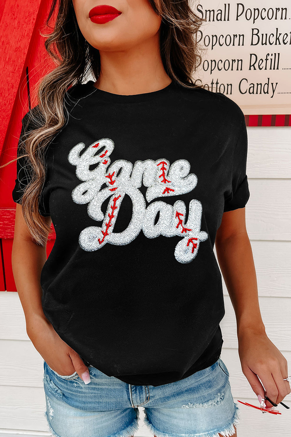 Black Game Day Baseball Graphic Crew Neck Tee