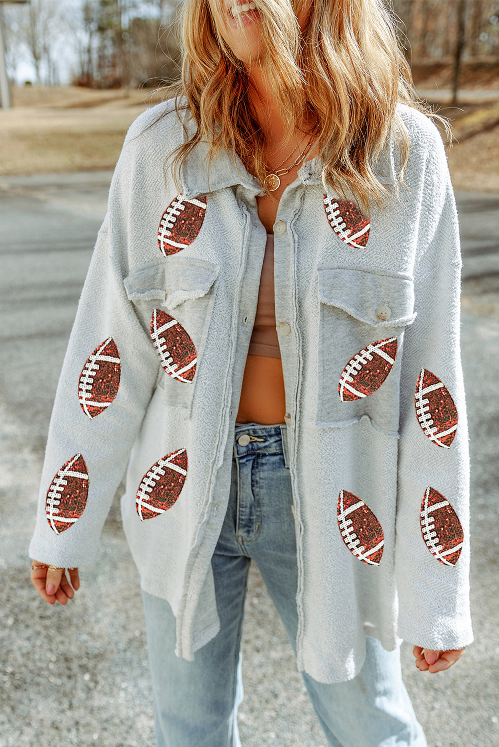 Fleece Sequin Football Graphic Flap Pocket Shacket