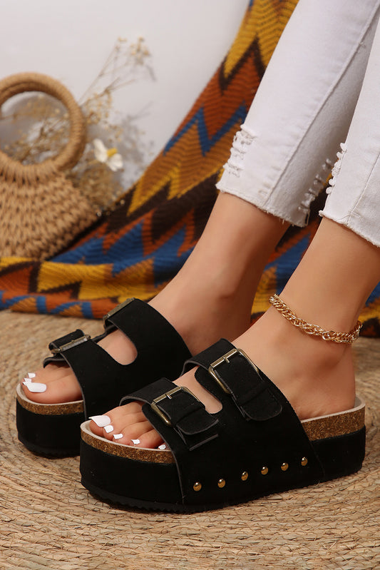 Black Suede Buckle Corky Platform Slip On Sandals