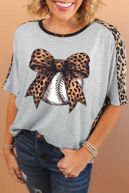 Gray Leopard Bowknot Baseball Graphic Contrast Crewneck Tee