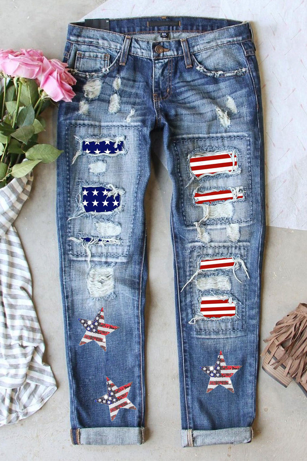 Sky Blue American Flag Graphic Straight Leg Ripped Jeans