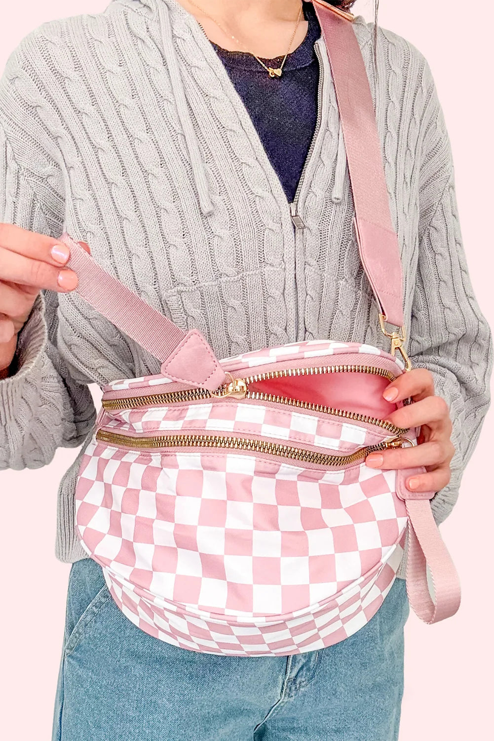 Fiery Red Checkered Print Wide Strap Large Crossbody Bag