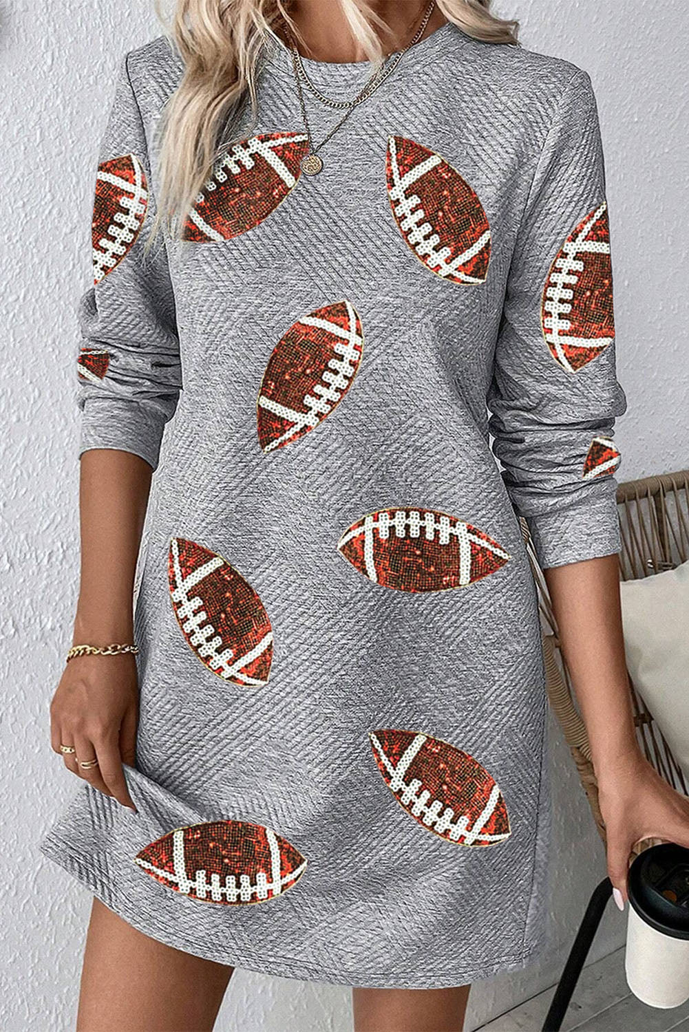 Football Round Neck Textured Mini Dress