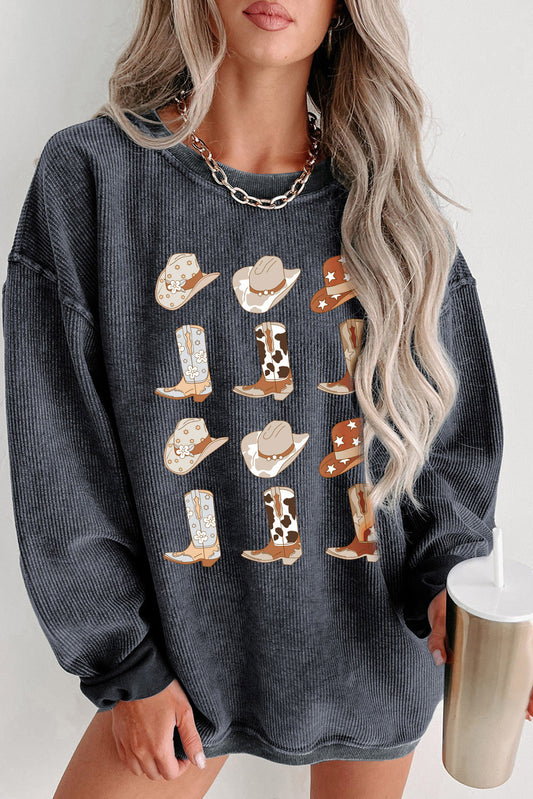 Gray Boots & Cowboyhat Graphic Corded Sweatshirt