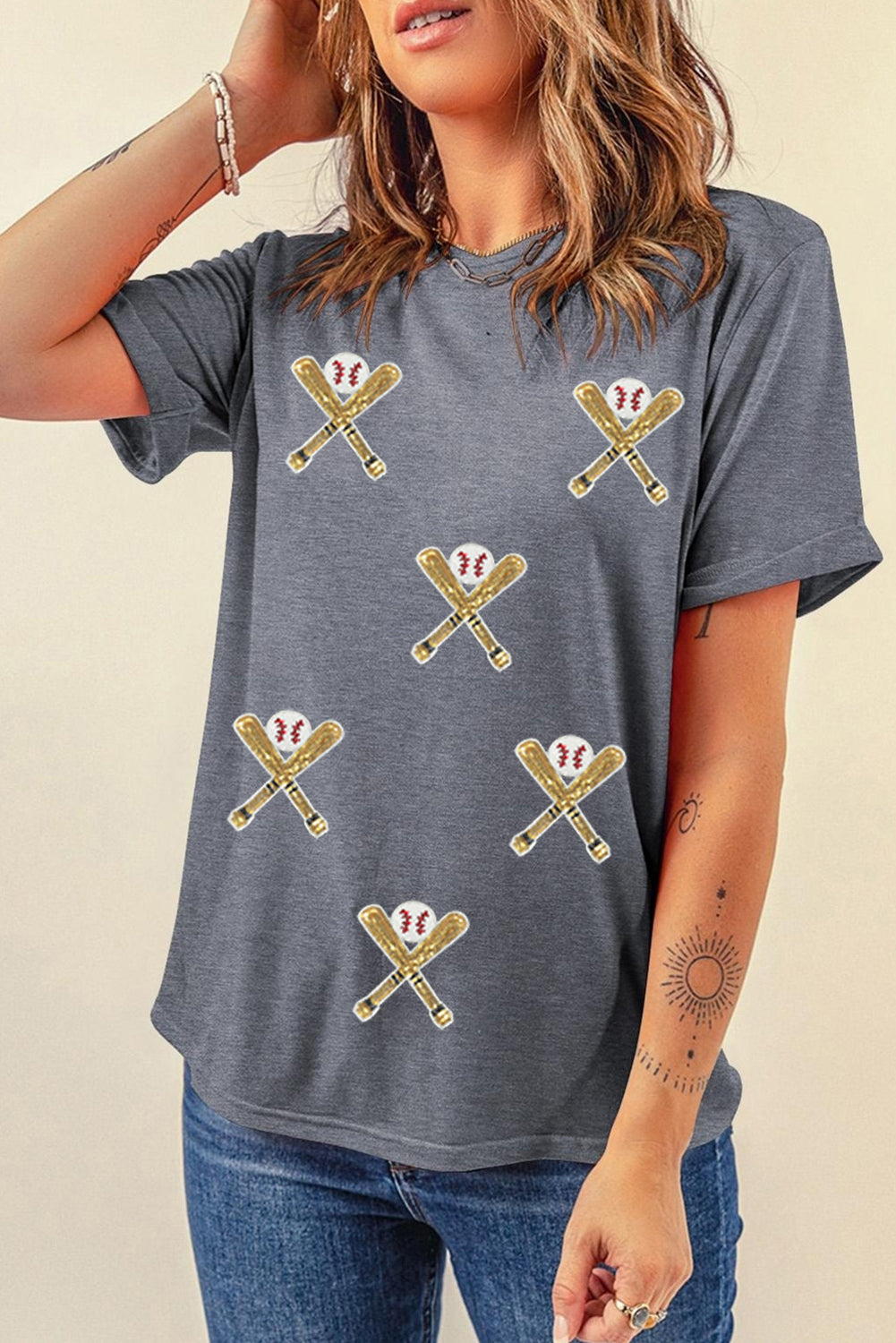 Gray Baseball Bat Sequins Patch Graphic Game Day Casual Tee