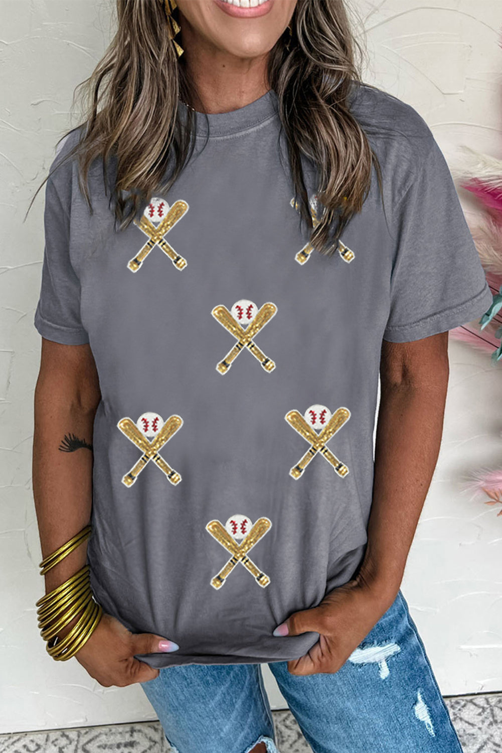 Gray Baseball Bat Sequins Patch Graphic Game Day Casual Tee