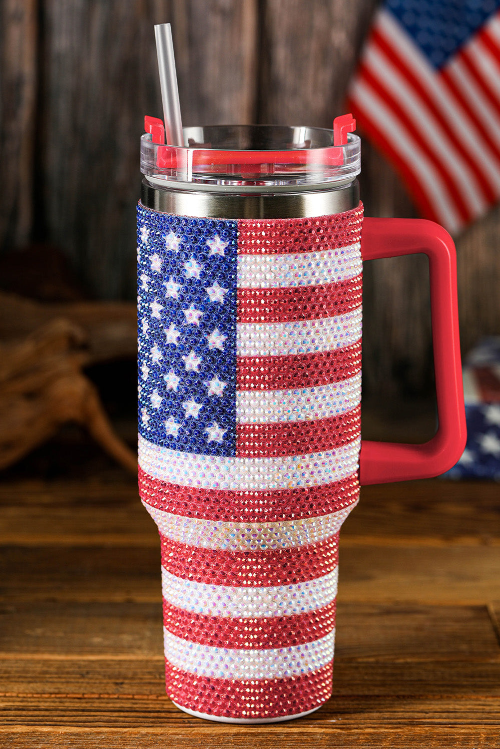 Rhinestone American Flag Print Handle 40oz Tumbler