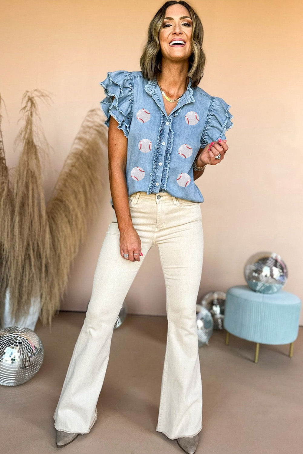 Beau Blue Sequin Baseball Graphic Button Up Ruffle Sleeve Frayed Denim Blouse