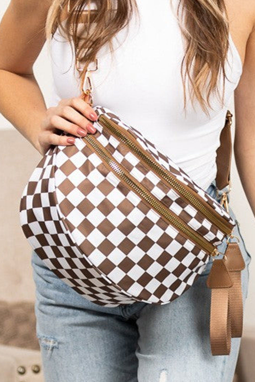 Fiery Red Checkered Print Wide Strap Large Crossbody Bag