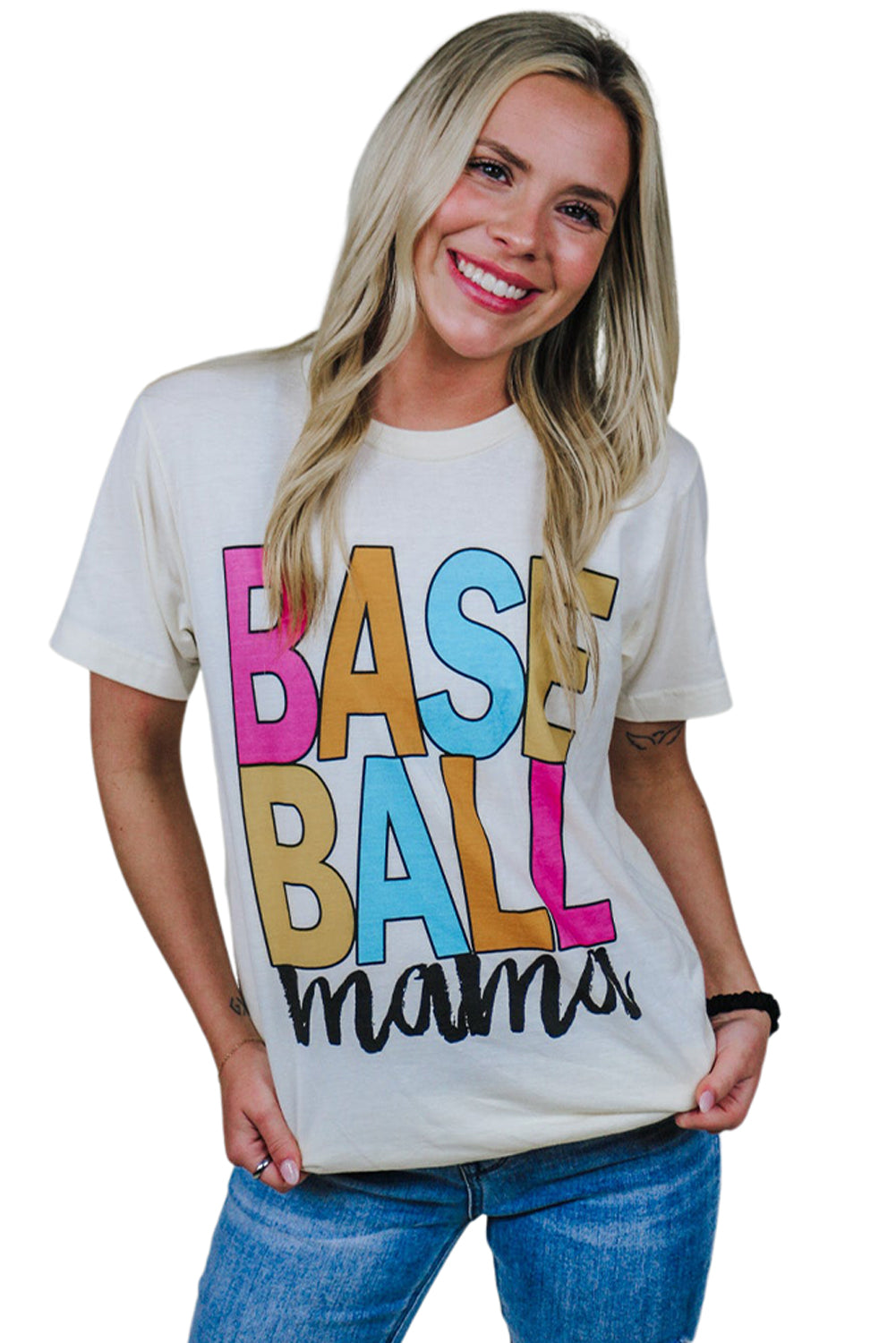 White Colorful Baseball Mama Letter Graphic Tee