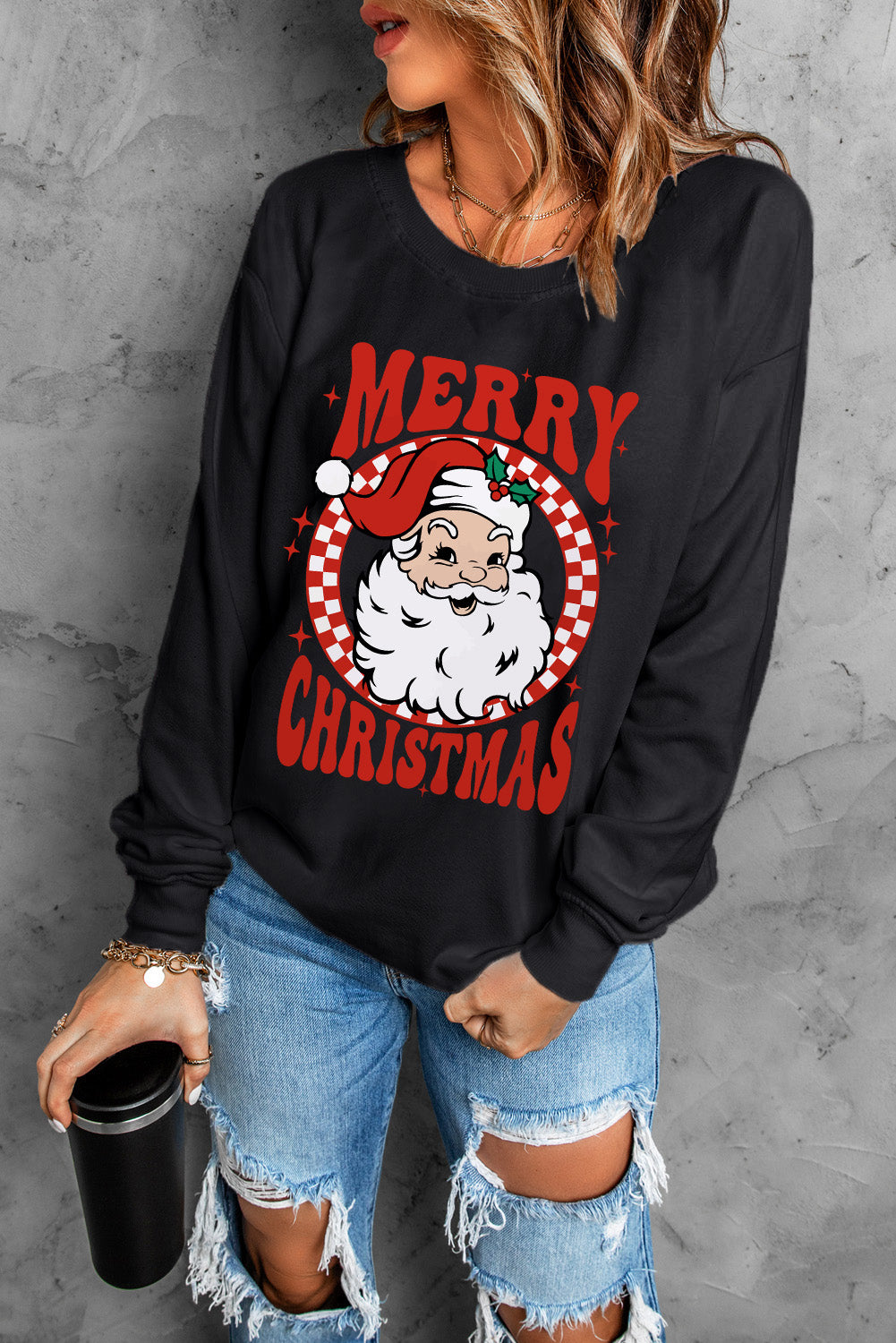 Beige Santa Claus Merry Christmas Heat Transfer Printing Graphic Sweatshirt