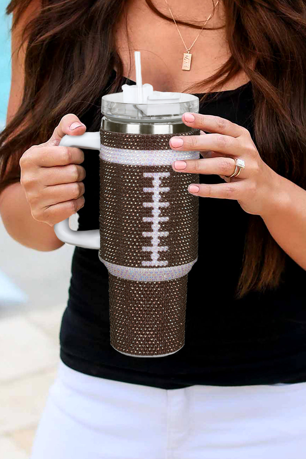 Rhinestone Football Stainless Steel Tumbler