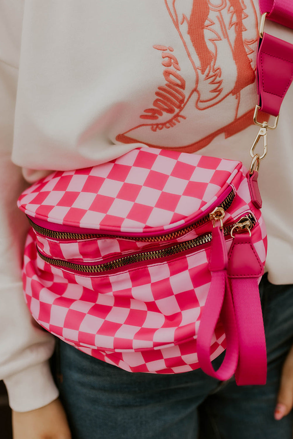 Fiery Red Checkered Print Wide Strap Large Crossbody Bag
