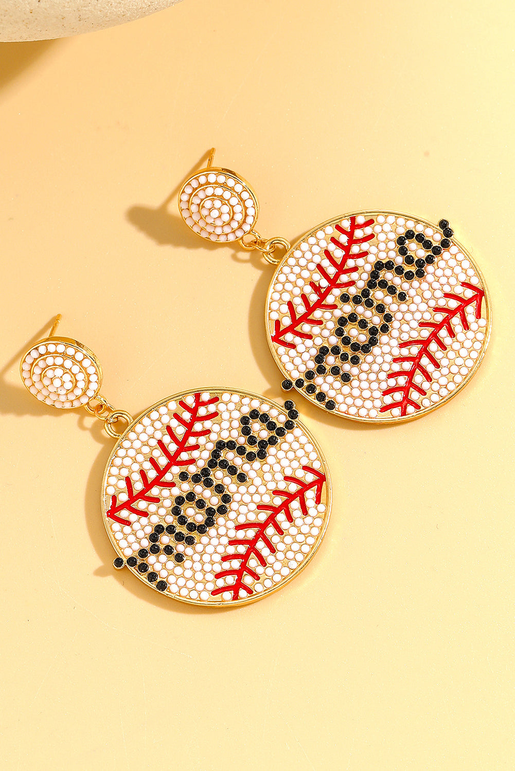 White Beaded Mama Baseball Shape Earrings