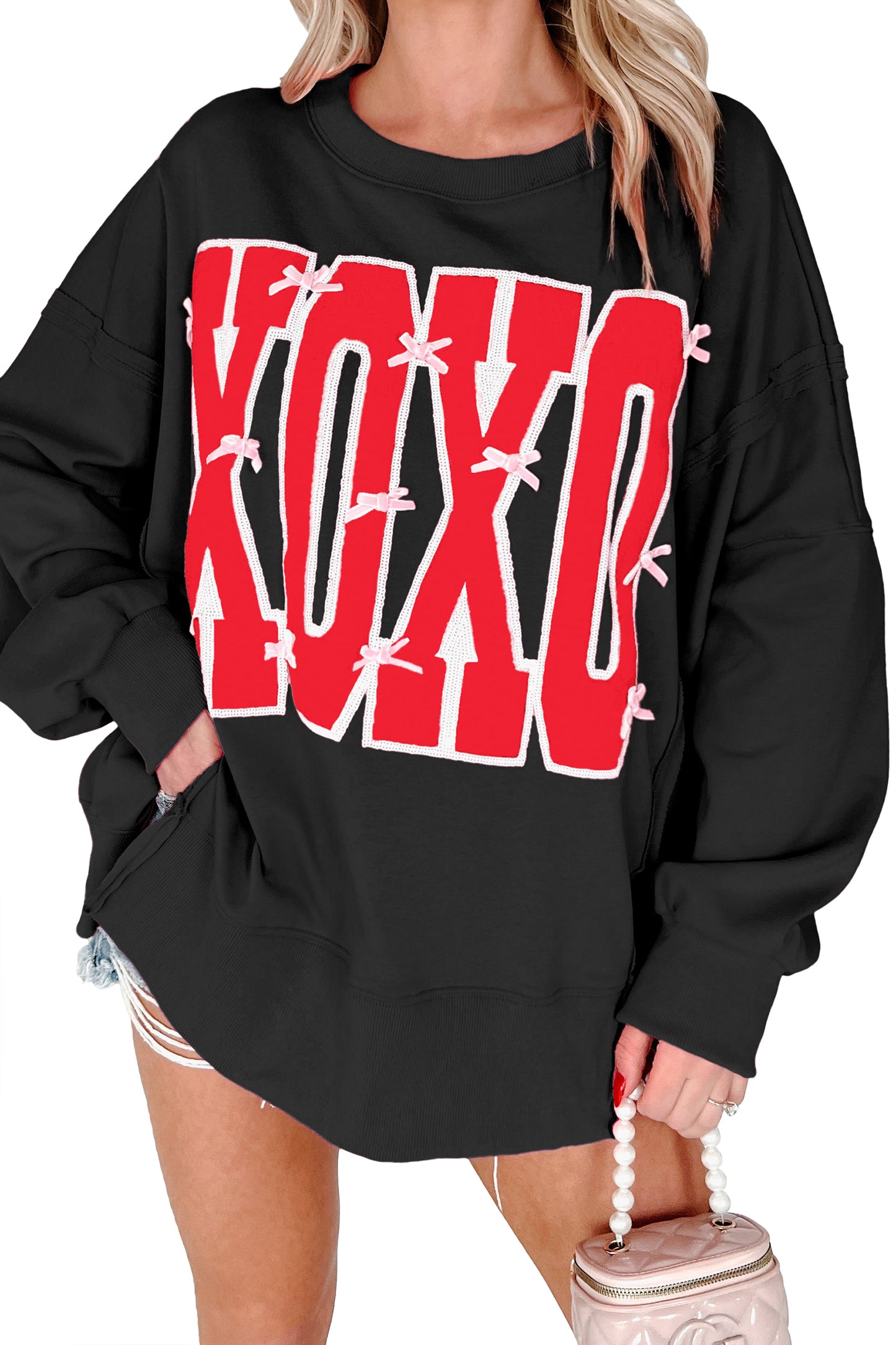 White Bow Sequin XOXO Letter Graphic Exposed Seam Baggy Sweatshirt