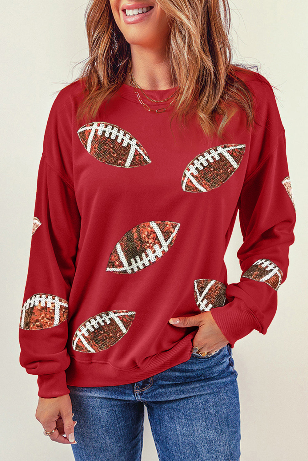 Red Sequined Football Drop Shoulder Sweatshirt