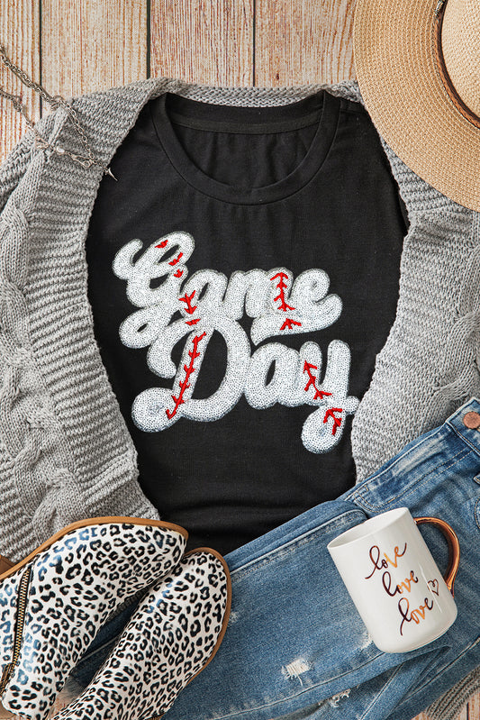 Black Game Day Baseball Graphic Crew Neck Tee