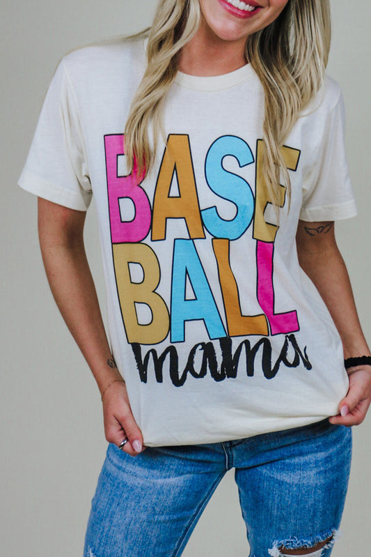 White Colorful Baseball Mama Letter Graphic Tee