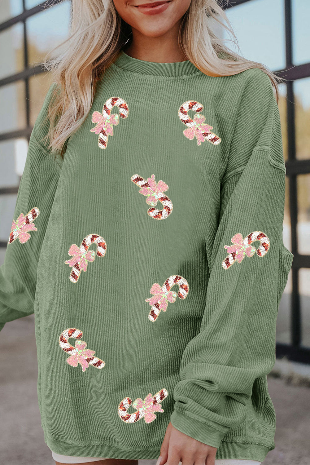 Grass Green Christmas Candy Cane Sequins Patch Corded Ribbed Baggy Sweatshirt